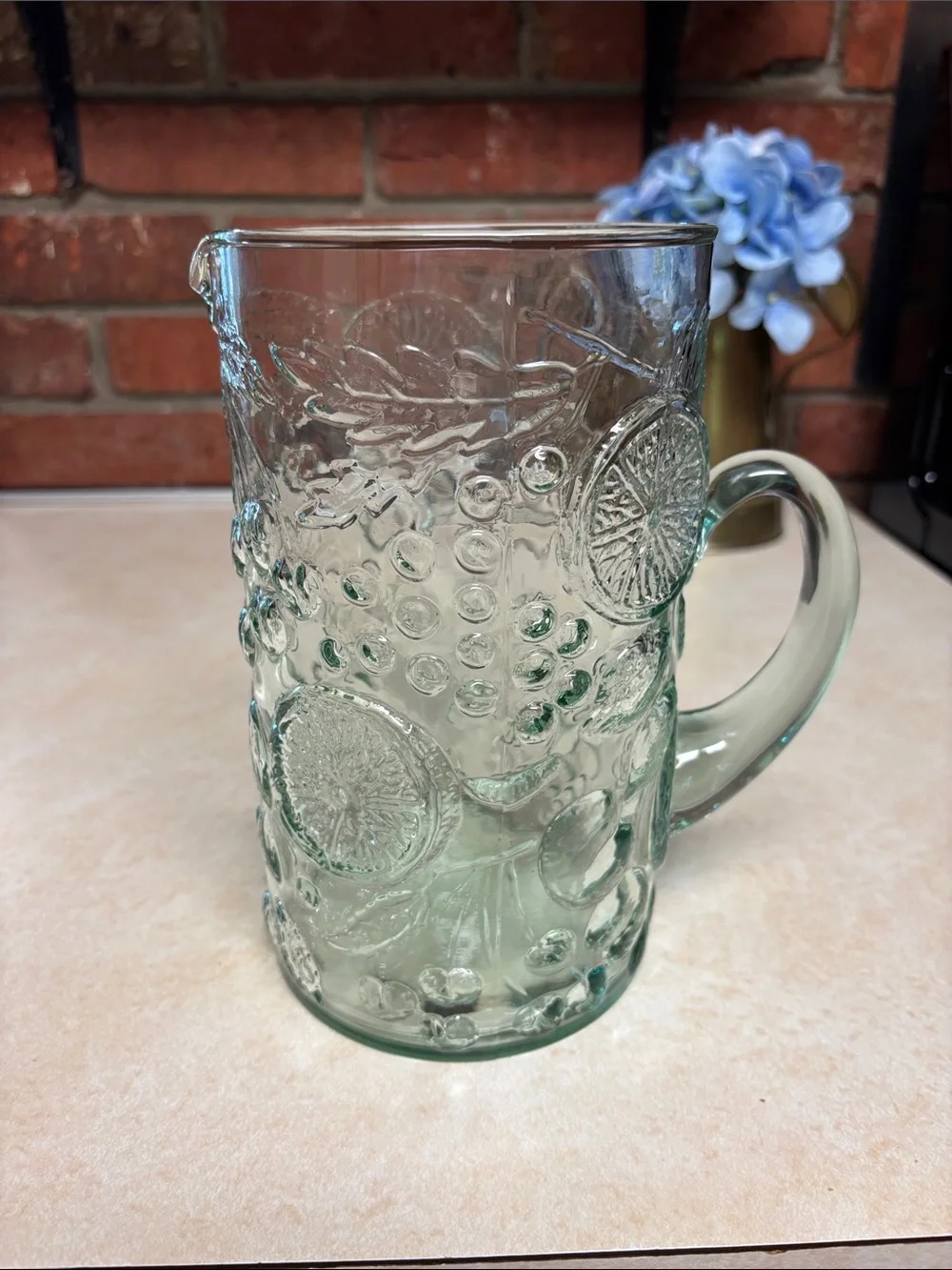 Vintage Mid-Century Modern-Style Embossed Glass Pitcher With Raised Fruit Motif